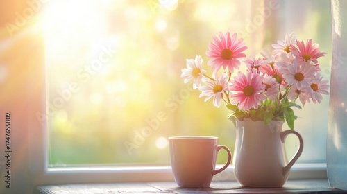 Wallpaper Mural Fresh Spring Flowers in Glass Vase Celebrating International Women's Day with Soft Pastel Tones and Contemporary Elegance Torontodigital.ca