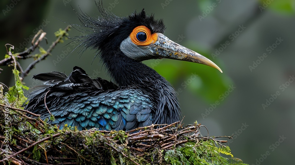 Fototapeta premium A striking bird with vibrant colors perched in a nest among greenery.