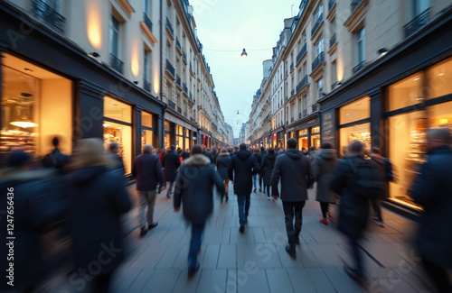 Busy Parisian street at dusk. Large crowd of people walks quickly down street. Retail shops with lit windows on both sides. Evening rush hour. City energy, vibrant atmosphere evident. Pedestrian
