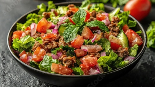 Delicious meat salad with tomatoes, cucumbers, and lettuce