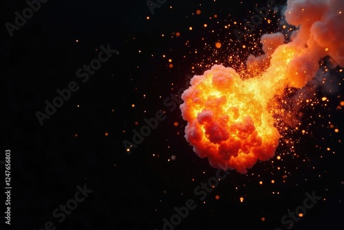 Black background with a fiery bomb explosion and sparks, fire explosion, combustion, spark photo