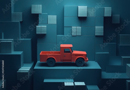 Red pickup truck model in a digitally rendered geometric environment, with gray cube shaped objects and lighting highlighting the truck photo