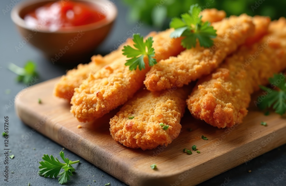 Crispy golden chicken strips on wooden board. Appetizer is ready to eat. Delicious crunchy coating. Served with a side of red sauce. A perfect snack or meal option. Crispy golden chicken strips on wooden board. Appetizer is ready to eat. Delicious crunchy coating. Served with a side of red sauce. A perfect snack or meal option.