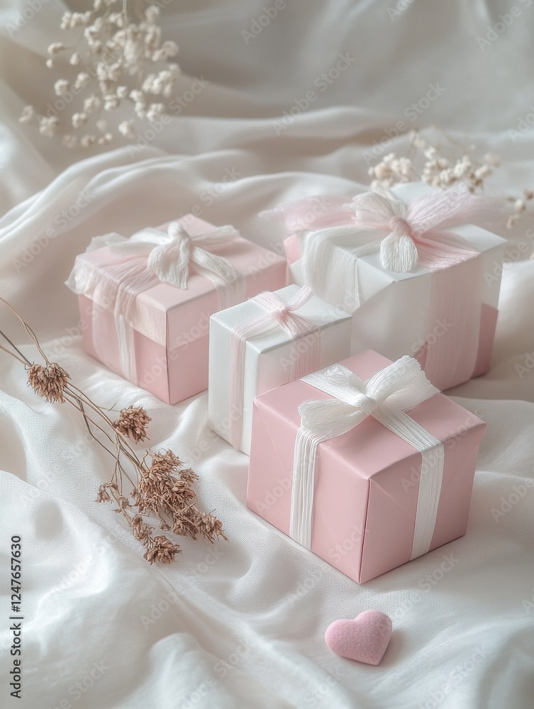 Three pink boxes with white bows on them are sitting on a white bedspread Three pink boxes with white bows on them are sitting on a white bedspread