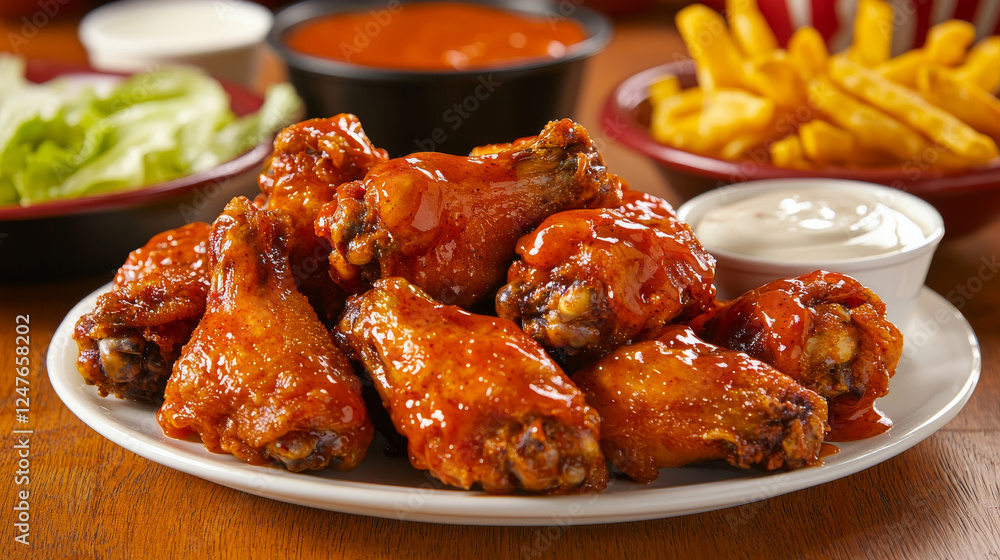 Savory buffalo wings served with various sauces, fresh lettuce, and fries create delicious meal perfect for gatherings. Enjoy rich flavors and crispy texture Savory buffalo wings served with various sauces, fresh lettuce, and fries create delicious meal perfect for gatherings. Enjoy rich flavors and crispy texture