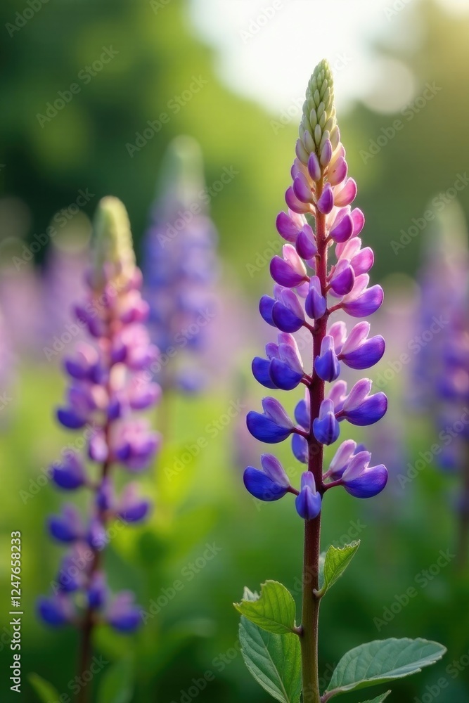 Obraz premium Delicate lupine flowers sway gently in the breeze, , field, spring