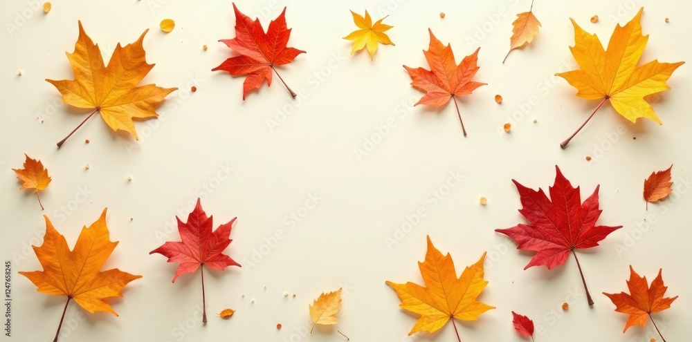 Delicate maple leaves scattered on a creamy white surface, color, leafy, fall Delicate maple leaves scattered on a creamy white surface, color, leafy, fall