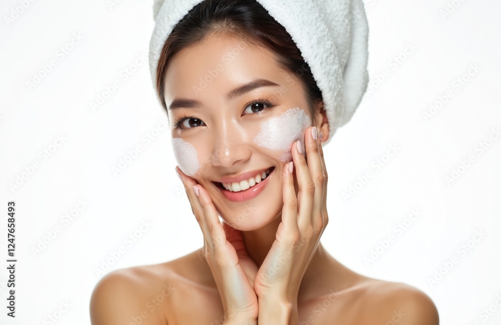 Asian lady with clean skin applies face care product. Smiling woman in spa studio setting. Close-up beauty photo. Facial treatment, skincare concept. Fresh beauty look. Cosmetology portrait. Asian lady with clean skin applies face care product. Smiling woman in spa studio setting. Close-up beauty photo. Facial treatment, skincare concept. Fresh beauty look. Cosmetology portrait.