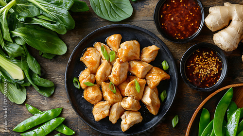 Warm tones, wooden tabletop, chicken pieces, bok choy, snow peas, ginger, hoisin sauce, spread for delicious meal preparation. 