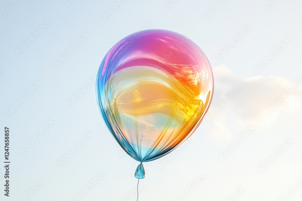 A vibrant multicolored balloon floats gracefully against a soft blue sky A vibrant multicolored balloon floats gracefully against a soft blue sky