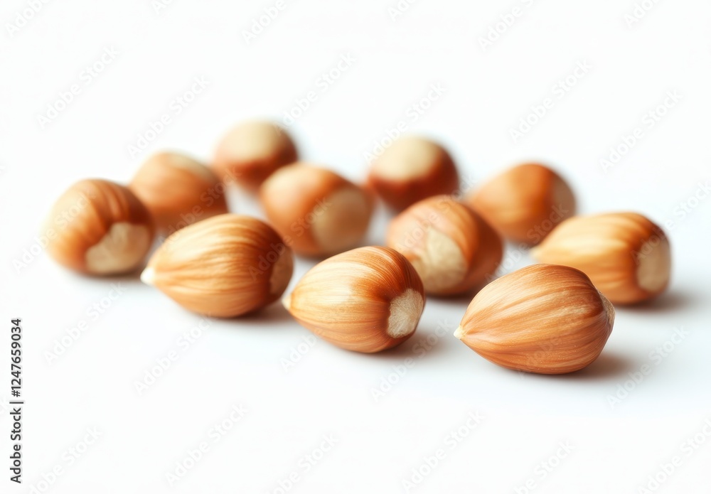 Close up view of scattered nuts, light brown in color, on a plain white background Close up view of scattered nuts, light brown in color, on a plain white background