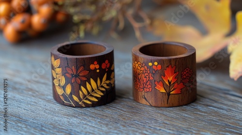 Autumnal Charm: Hand-Painted Wooden Napkin Rings with Fall Foliage photo