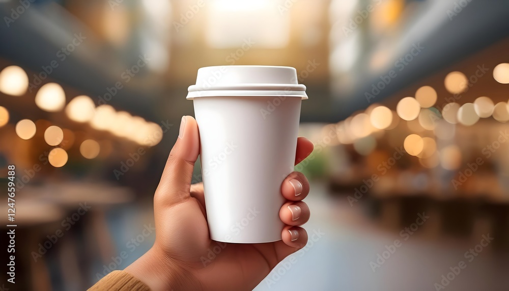 Hand holding plain blank take away paper cup mock up on a blurred bokeh empty coffee shop background. Coffee paper cup concept Hand holding plain blank take away paper cup mock up on a blurred bokeh empty coffee shop background. Coffee paper cup concept