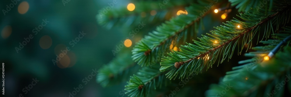 Fototapeta premium Dark green spruce boughs draped with fairy lights , twinkling, spruce