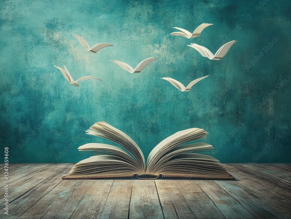 Open Book with Pages Flying on Turquoise Backdrop Inspiring Storytelling and Imagination