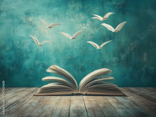 Obraz na płótnie Open Book with Pages Flying on Turquoise Backdrop Inspiring Storytelling and Imagination w salonie