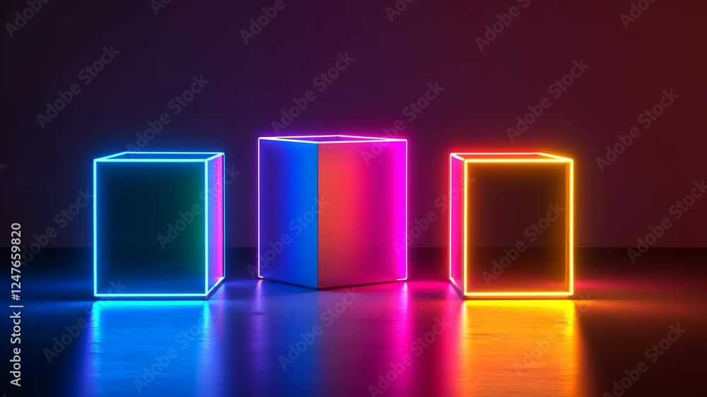Three cubes are lit up in neon colors. The cubes are arranged in a row, with the middle cube being the tallest. The cubes are illuminated in a way that creates a sense of depth and dimension Three cubes are lit up in neon colors. The cubes are arranged in a row, with the middle cube being the tallest. The cubes are illuminated in a way that creates a sense of depth and dimension