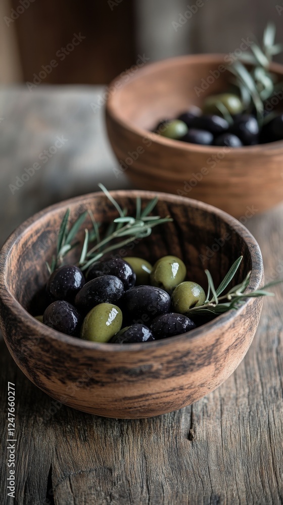 rustic wooden bowls of olives and rosemary rustic wooden bowls of olives and rosemary
