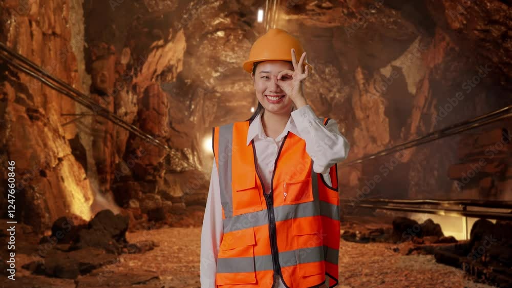 Asian Female Engineer With Safety Helmet Showing Ok Hand Sign Over Eye And Smiling To Camera In Underground Mine Tunnel Asian Female Engineer With Safety Helmet Showing Ok Hand Sign Over Eye And Smiling To Camera In Underground Mine Tunnel