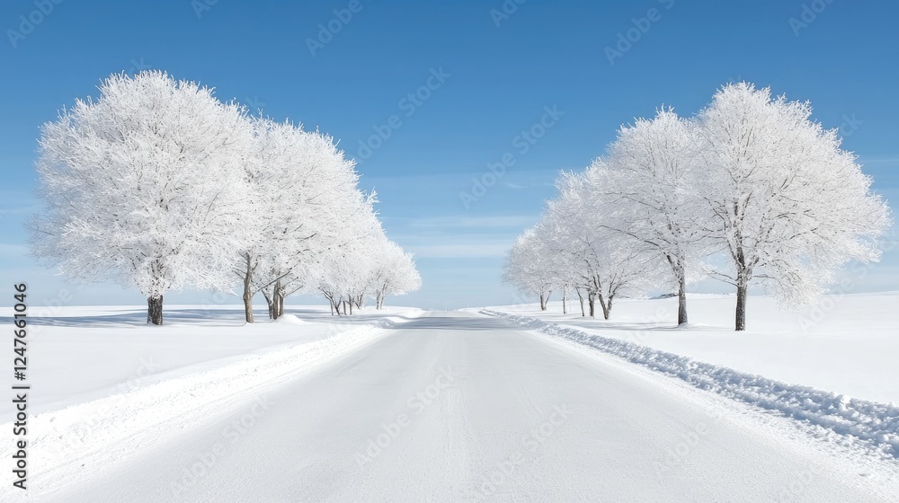 Snowy road lined with frost-covered trees, winter landscape, serene scene, ideal for travel brochures Snowy road lined with frost-covered trees, winter landscape, serene scene, ideal for travel brochures