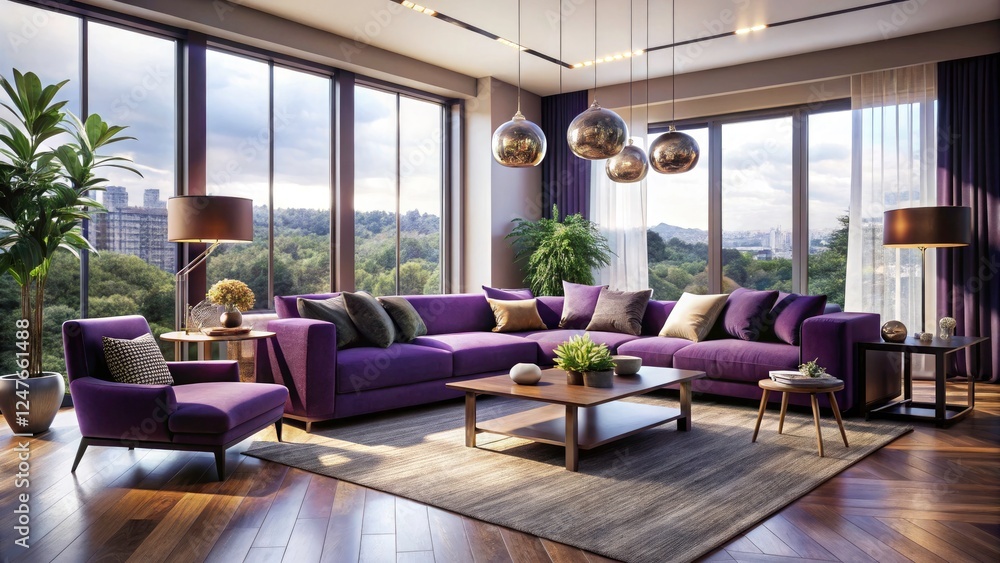 Fototapeta premium Purple accents define this modern panoramic living room's stylish interior décor.