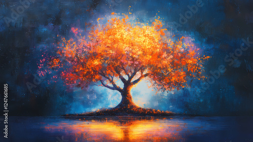 Glowing tree in misty night symbolic light of life and hope nature and rebirth theme. Symbolic Rebirth. Illustration photo