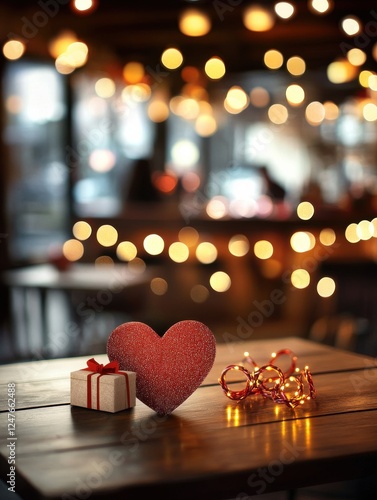 A red heart sits on a wooden table next to a white box