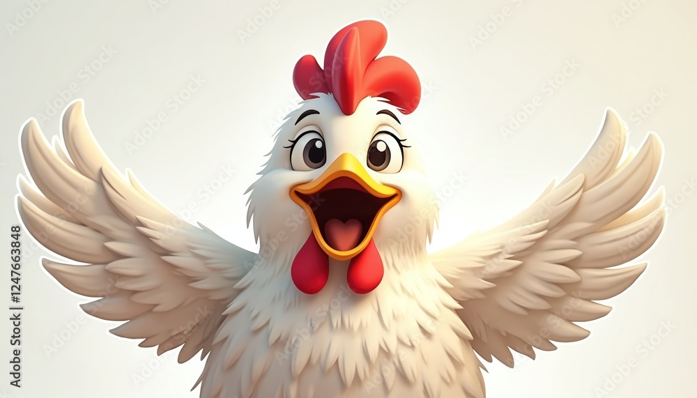 Cute cartoon chicken with open arms looks directly at camera. Happy poultry character. Ideal for kids products, farm animal themes or Easter projects. Funny design. Adorable farm animal illustration. Cute cartoon chicken with open arms looks directly at camera. Happy poultry character. Ideal for kids products, farm animal themes or Easter projects. Funny design. Adorable farm animal illustration.