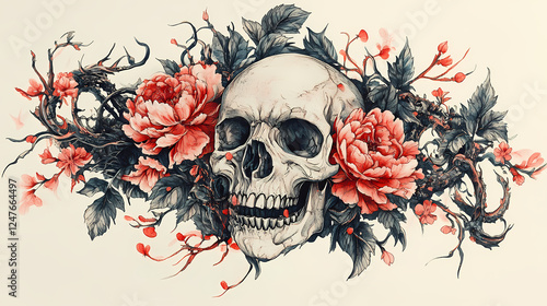 Fototapeta Naklejka Na Ścianę i Meble -  Skull tattoo with blooming roses on isolated white background detailed line art and shading depicting beauty and mortality. Symbolic Rebirth. Illustration