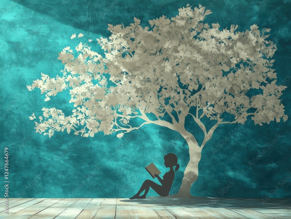 Fototapeta premium Woman Reading Under Leafy Tree Silhouette on Aqua Backdrop Serene Escapism Artistic Scene