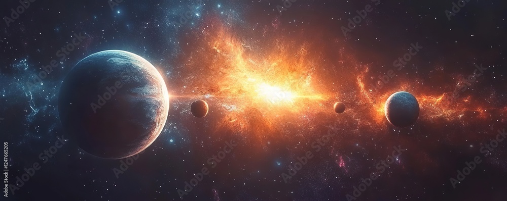 Cosmic explosion of stars and planets outer space digital art nebula environment wide-angle view astrophysics concept Cosmic explosion of stars and planets outer space digital art nebula environment wide-angle view astrophysics concept