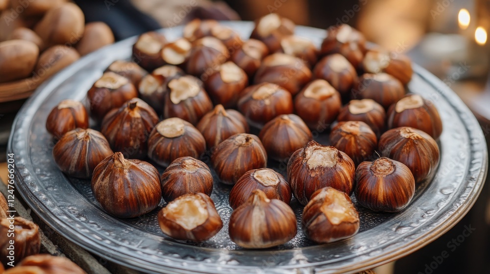 Roasted Chestnuts on a Silver Platter: A Warm and Rustic Autumn Treat Roasted Chestnuts on a Silver Platter: A Warm and Rustic Autumn Treat
