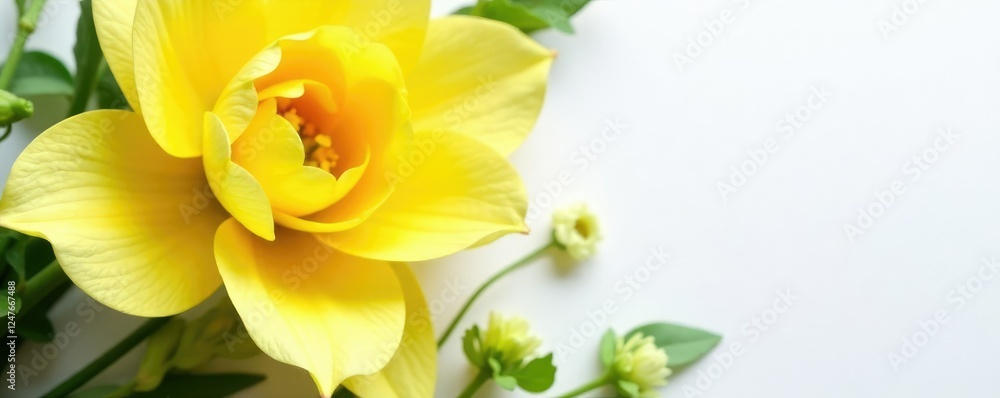 Naklejka premium Opened yellow flower petals surrounding a few stems of green leaves on white paper, flower, bloom, green