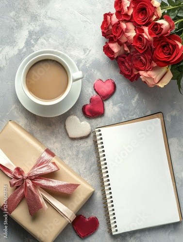 A white coffee cup with a brown box and a notebook with a red ribbon on top