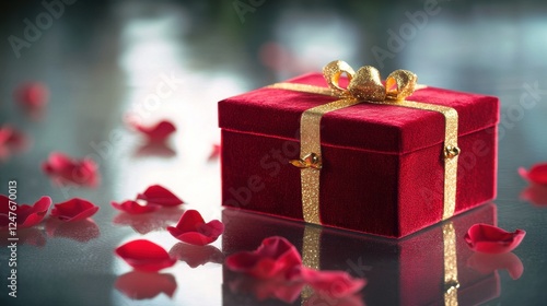 A red velvet box with gold trim sits on a table covered in red petals