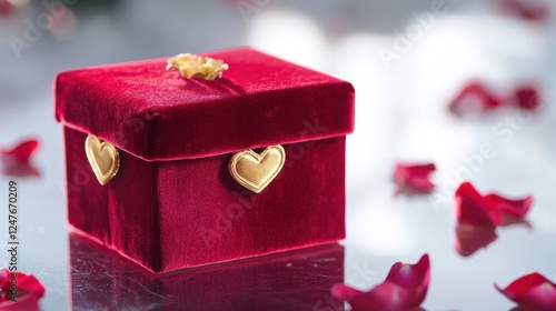 A red velvet box with a gold heart on it