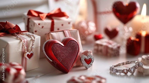 A white table with a bunch of red boxes and hearts on it