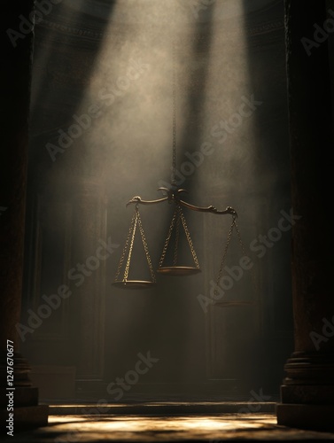 Scales of Justice in the dark Court Hall. Law concept of Judiciary, Jurisprudence and Justice. --chaos 10 --ar 3:4 --v 6.1 Job ID: 66db1f15-ee32-4f29-8614-73da27d2470b