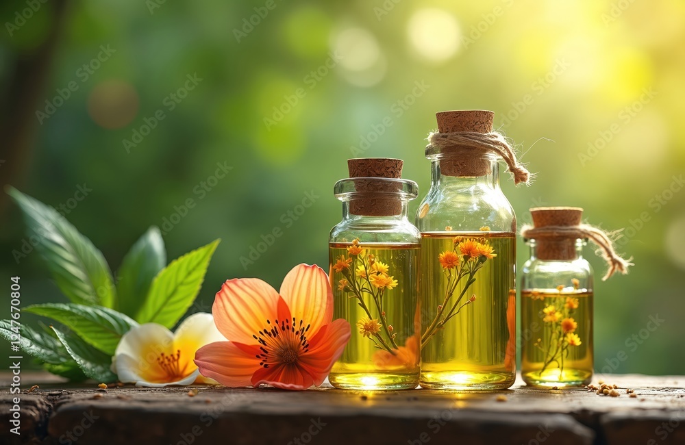 Small glass bottles filled with essential oils, small flowers. Natural floral beauty products on rustic wooden surface. Nature background with soft focus. Natural herbal ingredients for spa, Small glass bottles filled with essential oils, small flowers. Natural floral beauty products on rustic wooden surface. Nature background with soft focus. Natural herbal ingredients for spa,