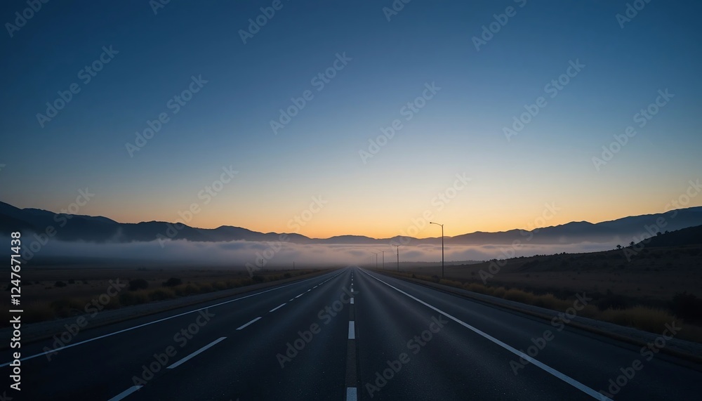 Serene Sunrise Highway Misty Mountain Road at Dawn Asphalted Road Serene Sunrise Highway Misty Mountain Road at Dawn Asphalted Road