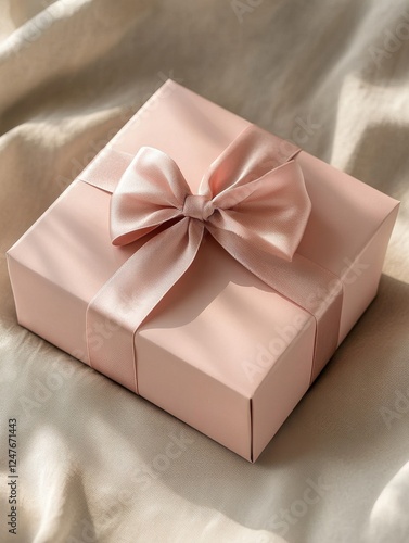 A pink box with a bow on top of it