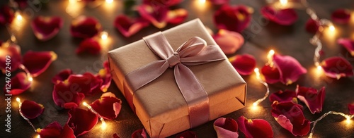A brown box with a pink ribbon sits on a table covered in red rose petals