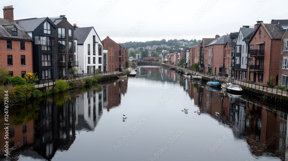 Naklejka premium Calm river reflecting modern buildings, boats, quiet town background; travel tourism