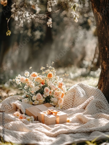 A bouquet of flowers sits on a blanket next to a brown box