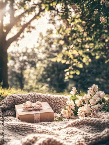 A brown box with a bow on top sits on a blanket in a park