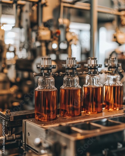 A close-up of automated machinery bottling liquids in a factory photo