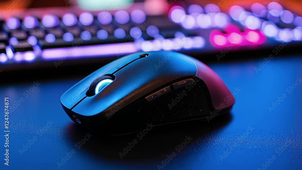 a sleek black computer mouse with ergonomic design, illuminated with a colorful keyboard in the background. a sleek black computer mouse with ergonomic design, illuminated with a colorful keyboard in the background.