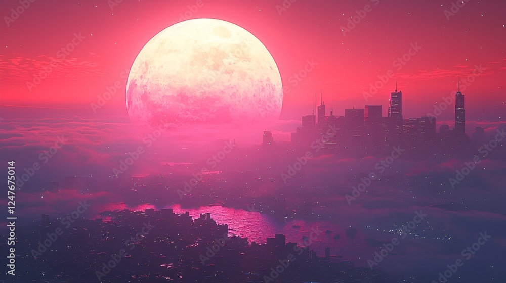 Pink moonrise over city skyline, cloudscape background; fantasy artwork Pink moonrise over city skyline, cloudscape background; fantasy artwork