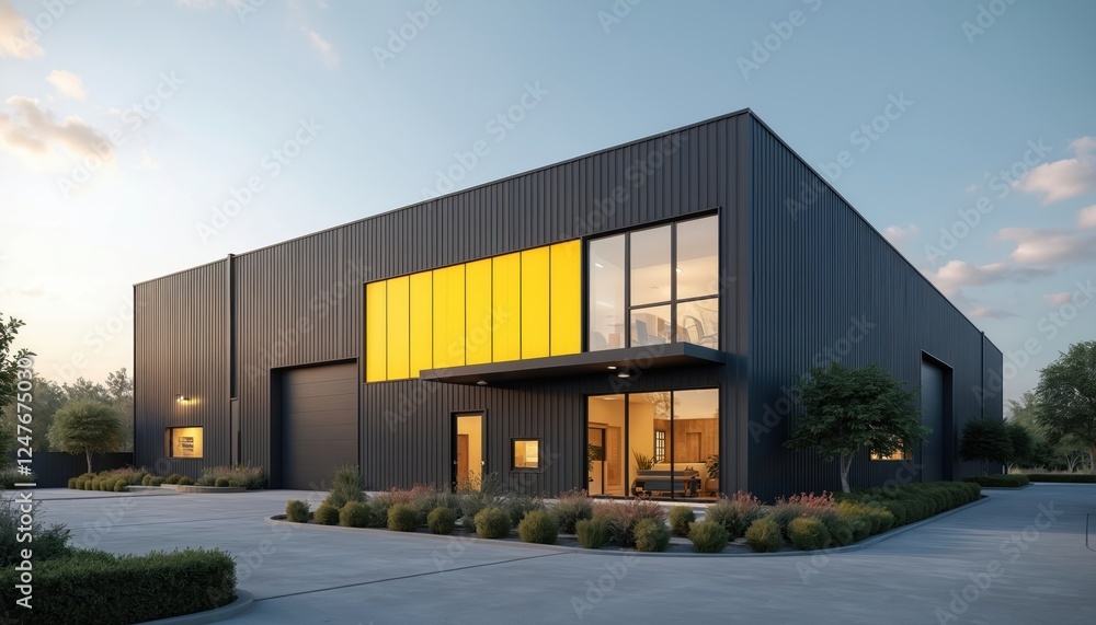 Modern warehouse with small office unit. Exterior shows dark gray metal facade with yellow accents on windows. Well-maintained landscaping surrounds building. Outdoor parking area. Commercial Modern warehouse with small office unit. Exterior shows dark gray metal facade with yellow accents on windows. Well-maintained landscaping surrounds building. Outdoor parking area. Commercial