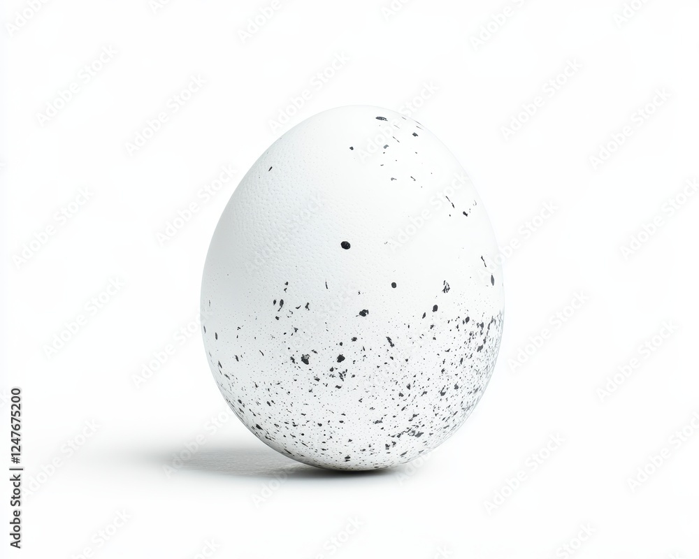 Single white egg with small dark spots, studio shot, clean background, simple design, smooth surface, egg shape, egg detail Single white egg with small dark spots, studio shot, clean background, simple design, smooth surface, egg shape, egg detail